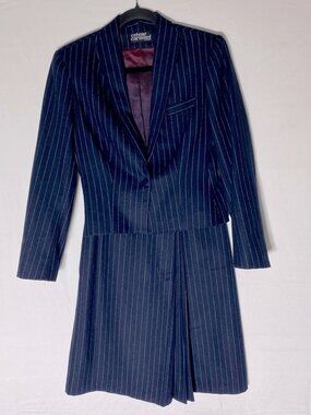 Vintage Crème Caramel Navy Blue Pinstriped Suit Skirt Set S